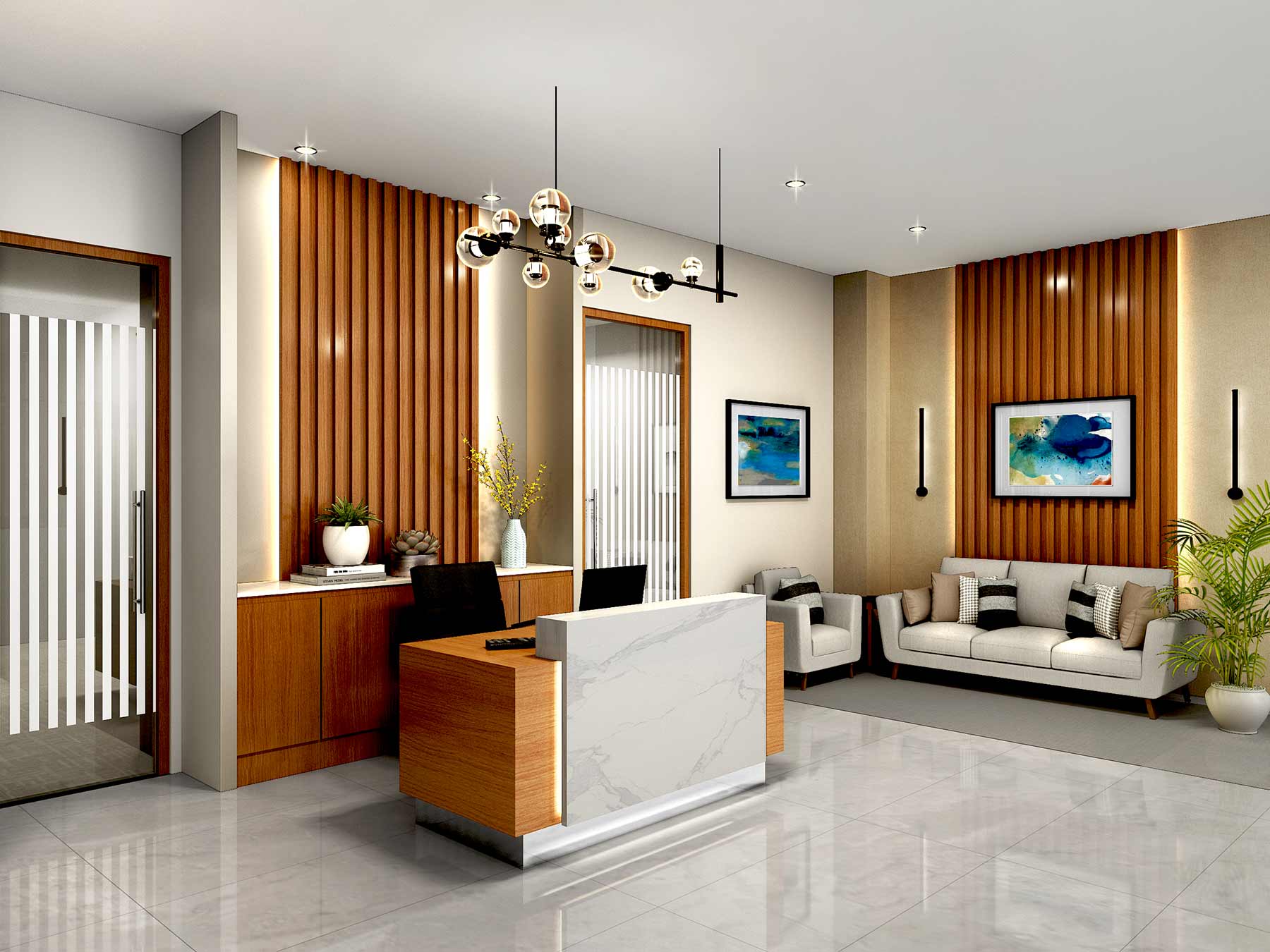 Modern office reception area designed by Designers Gang featuring a curved reception desk with a white quartz countertop and wood veneer paneling, black leather waiting chairs, a geometric area rug, and a statement pendant lamp. Large windows with white blinds bathe the space in natural light.